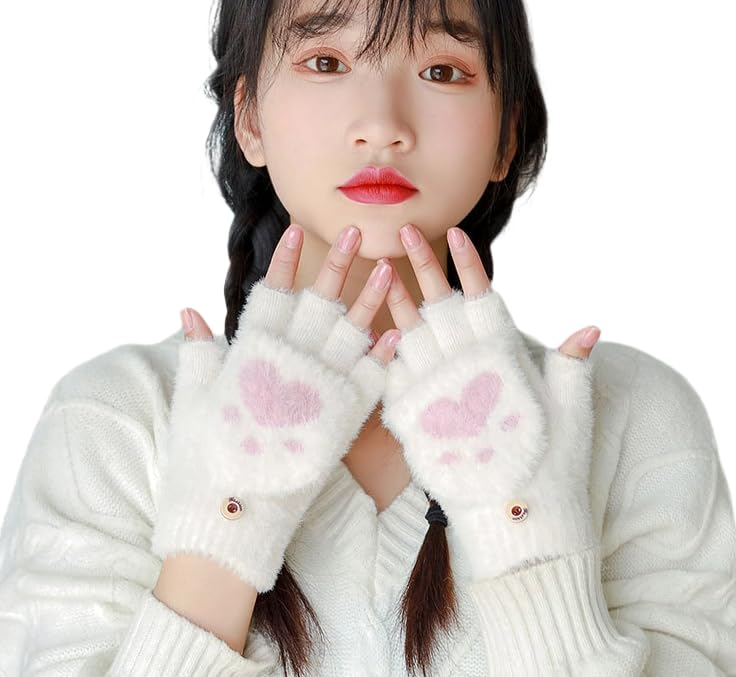 Soft Mink Gloves Claw Fingerless Flip Mittens Winter Warm Wool Touchscreen Gloves Flap Cover Knitted Mitten Gloves for Teenager and Womens-image-47
