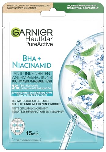 GARNIER Skin Active - Masque Tissu Anti-Imperfections - Réduit Pores, Sébum & Points Noirs - BHA, Niacinamide, Huile d’Arbre À Thé - Vegan & Cruelty Free - Tissu...
