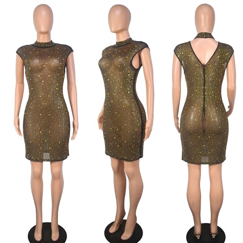 Image of PORRCEY Women's Sexy Elegant Rhinestone Mesh Party Club Night Mini Dress