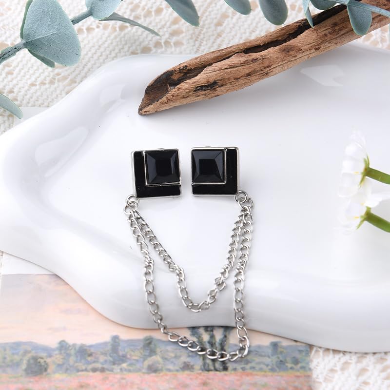 Image of Gem Brooch Pins Hanging Chain Lapel Pin for Men Suits Shirt Collar Brooch Square Crystal Brooch Pin Rhinestone Lapel Pins for Men Tassel Chain Brooch Collar Pins Business Suit Shirt Accessories