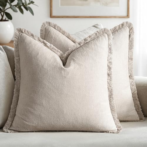MIULEE Christmas Decorative Throw Pillow Covers Neutral Linen Fringe Throw Pillows Set of 2 Natural Beige Boho Farmhouse Cushion Covers with Tassels for Couch Sofa Bed Home Decor 20x20 Inch