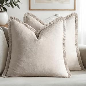 MIULEE Decorative Throw Pillow Covers Neutral Linen Fringe Throw Pillows Set of 2 Natural Beige Boho Farmhouse Cushion Covers with Tassels for Couch Sofa Bed Spring Home Decor 20×20 Inch