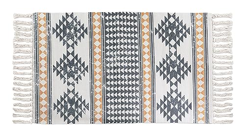 Quantum Interior by Maxland Teppich mit Quasten ca. 60 x 110cm, Vintage Teppich mit Fransen Boho-Stil geometrisch Bedruckte Teppiche Läufer- für Flur Badezimmer Wohnzimmer Schlafzimmer (Muster Senf)