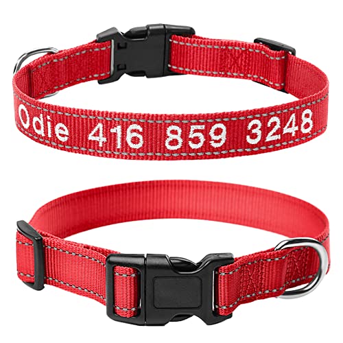 Amidaky Personalized Dog Collars,Nylon Reflective Dog Collar Custom Name And Phone And Leashes,11 Colors For Puppy Small Medium Large Dogs Red #TOP12
