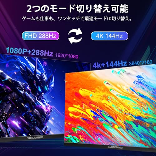 XUNDEFINED 27インチ ゲーミングモニター 4K モニター デュアルモード UHD@144hz/FHD@288hz 1ms応答速度 Fast IPS sRGB126% 300cd/m² Freesync/VRR HDR対応 スピーカー内蔵 HDMI2.1x2 & DP1.4x2 縦横回転 高さ調整 VESA 100*100mm
