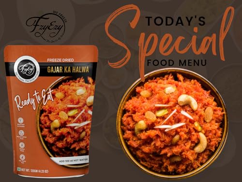 Image of FzyEzy Freeze Dried Gajar Ka Halwa | Ready to Eat Indian Dessert | Traditional Carrot Halwa with Almonds & Pista | Preservative Free | Instant Sweet Dish | 120g