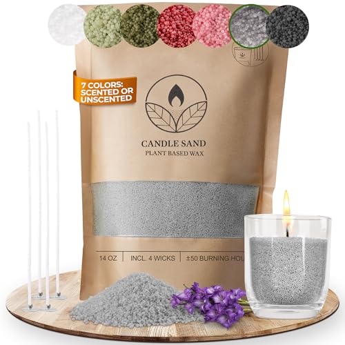 COMFORDER Sable pour Bougies parfumée avec Mèches, Kit Bougie à Faire Soi-Même, 400 g de Perles de Cire pour Bougie + 4 Mèches (Gris, Lavande)