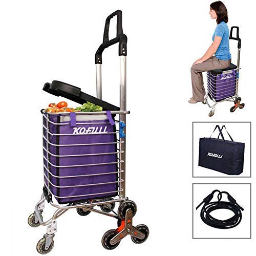 KOFULL Grocery Laundry Utility Foldable Shopping Cart, Aluminum Alloy 3-Wheel Stair Climbing with Cover (Can sit) Body Weight 220 Ib Free Hook Luggage Rope Storage Bag-177 Ib Capacity(Purple)