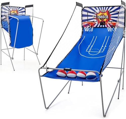 GOPLUS Canasta de Baloncesto Plegable, Máquina de Tiro Portátil, Baloncesto Arcade con 8 Modos de Juego, 4 Pelotas, 2 Cestas, Bomba, Marcador Electrónico, para Niños y Adultos (Azul+Blanco)