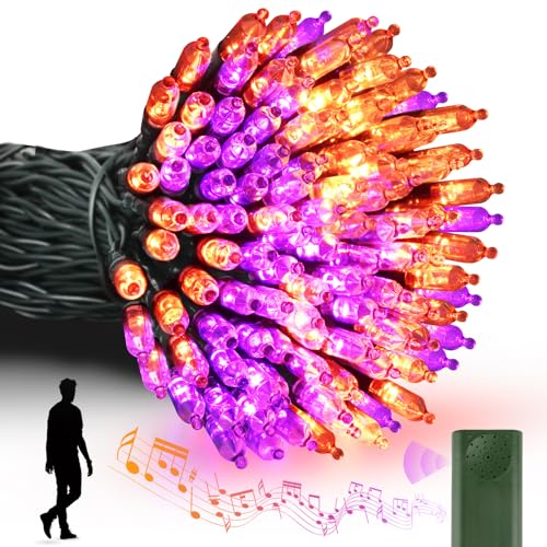 Tcamp Battery Operated Halloween Lights Motion Activated Sync with Music, 33FT 100 LED Orange Purple String Lights with Spooky Music for Outdoor Indoor Halloween Decor (6 Lighting Modes)