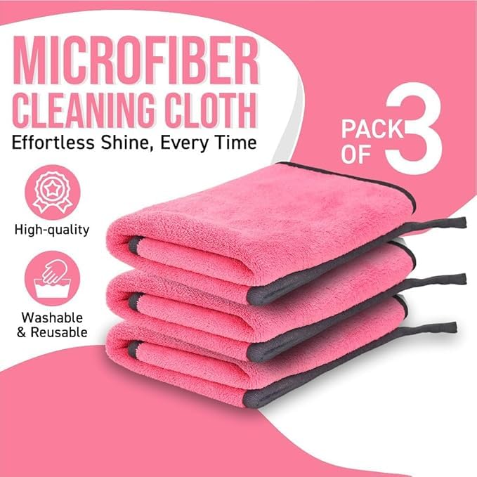 Image of Btag Microfiber Cleaning Cloth, 40x60 cms 600 GSM | Highly Absorbent,Lint and Streak Free, Multi-Purpose Wash Cloth for Kitchen,Car,Window,Stainless Steel,Silverwear(Pink 40x60cms) Pack of 3