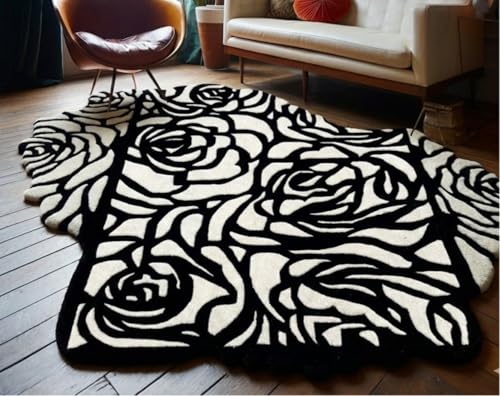 Image of Handmade Tufted Irregular Shape Wool Area Rug Botanical Design, Thick & Soft Carpet for Living Room, Bedroom Hall Room Color Black Size 6x8 feet (180x240cm)