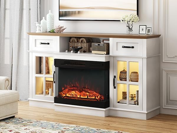 Miniatura 7 de Bonnlo Soporte de TV con chimenea para televisores de hasta 65 pulgadas, consola de TV moderna con chimenea eléctrica con calentador de vidrio de 3