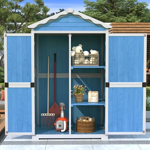 Jaxenor Geräteschuppen Holz mit Wetterfestes Dach, Gartenschuppen Holz mit 4 Fächer, Geräteschuppen Klein für Garten, Terrasse, Blau
