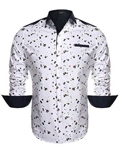 Coofandy Men's Turn-down Neck Printing Long Sleeve Shirt White Medium
