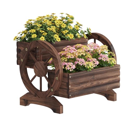 Wieghda Wooden Wagon Planter Flower Cart Farm Stand Garden Decor Planter for Outdoor Patio Balcony Decoration Rustic Farmhouse Wishing Well Decor Succulent Planter Indoor Backyard (Carbonized)