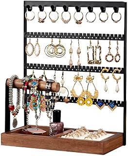 Defrsk Jewellery Stand Jewelry Organizer Metal Wood Jewellery Holder 6-Tier Ring holder with 8 Hooks Necklace Organizer 48 Earring Holes Hanging Tray Storage for Bracelet, Necklaces, Rings, Earrings