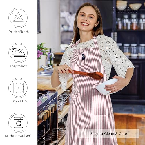 Image of Encasa XO Cotton Cooking kitchen Apron for Women and Men chef apron With adjustable neckstrap, Pocket & Towel Holder for Easy cooking, Baking, BBQ, Gardening- Ticking Red, 68x85 cm