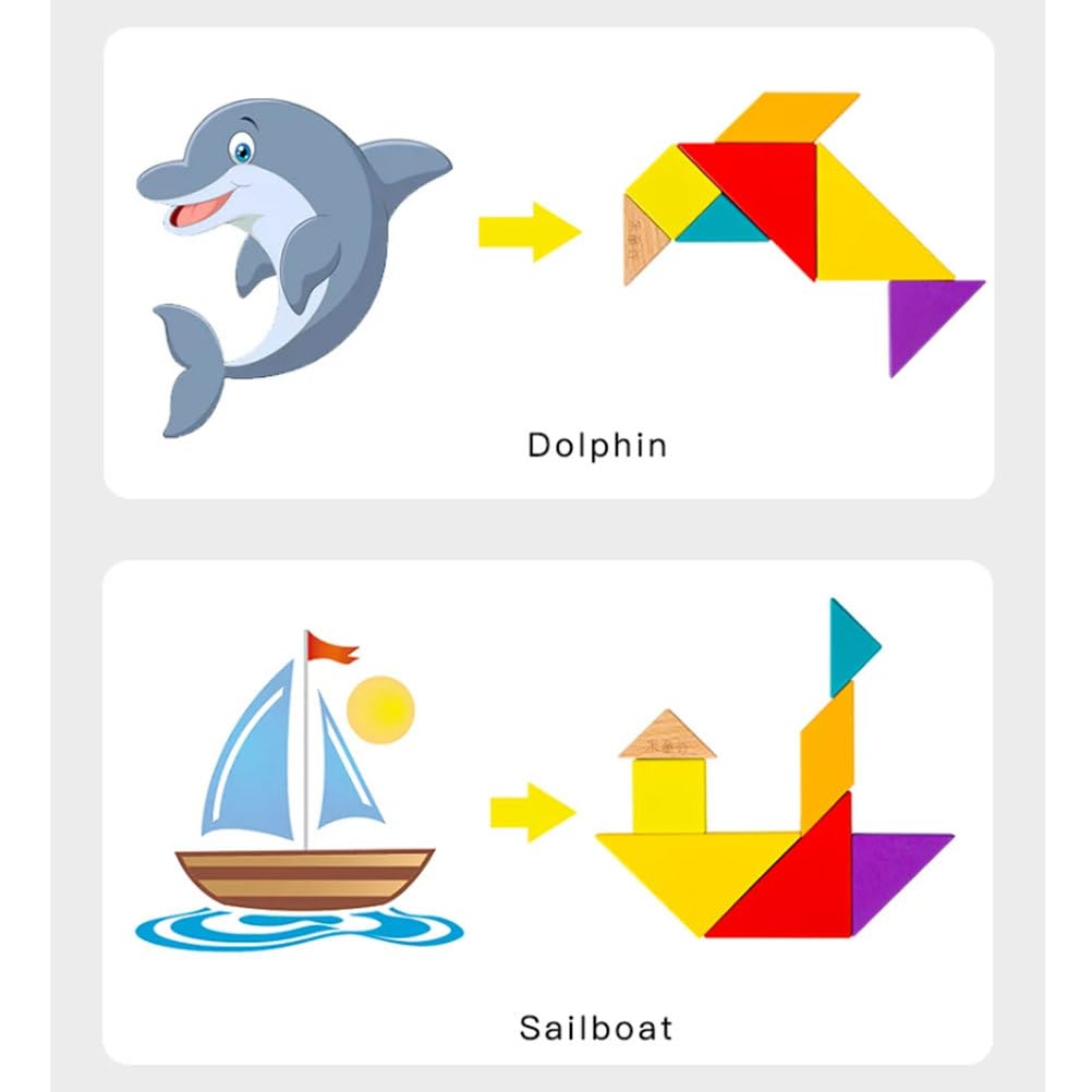 Juego de Rompecabezas Tangram de Madera Montessori | Bloques Patrón Cerebral con Tarjetas de Desafío y Reloj de Arena, Juguete Educativo STEM para Clasificación Formas