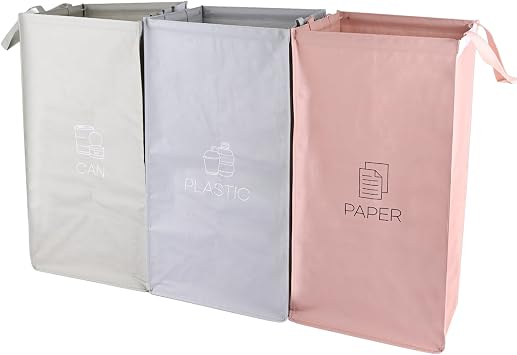 ASelected 3 Packs Recycling Bags, Pink,Green,Gray With Handle, Velcro Separate Sorting Organizer Woven Waste Bins Bag Waterproof for Kitchen Home Office Heavy Duty Reusable Storage,Easy Clean