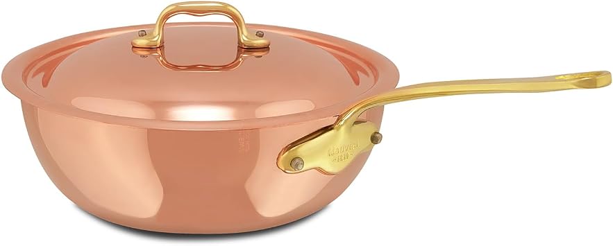 Mauviel M'Heritage 150 B 1.5mm Polished Copper & Stainless Steel Chef Pan With Lid, And Brass Handle, 2.1-Qt, Made in France