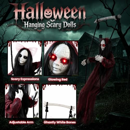 5FT Hanging Ghost Girl with Red LED Eyes for Outdoor Halloween Decorations | Clap or touch to trigger creepy screams and flashing eyes. Ready to hang on covered porches or in haunted houses. - image 4