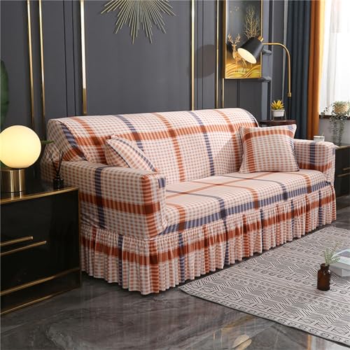 Treer Ethnic Style Sofa Cover with Skirt, Sofa Slipcovers 1/2/3/4 Seater Stretch Sofa Slipcover Universal Anti Slip Couch Cover, Easy Fit Furniture Protector (Simple Style,3 Seater)