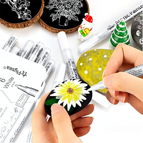 White Paint Pens, 6 Pack 0.7mm Fine Point Acrylic Permanent Marker Pen Set for Art,Wood, Rock Painting, Plastic, Ceramic, Glass and Fabric DIY Drawing