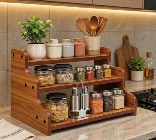 Image of Wooden 3 Tier Kitchen Organizer Rack for Countertop | Spice Rack Stand for Kitchen Counter | Masala Storage Shelf | Multipurpose Kitchen Storage Rack - Brown