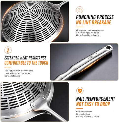 Image of 304 Stainless Steel Cooking Skimmer Jhara with Long Handle, Heavy Duty Spider Strainer Slotted Spoon for Deep Frying, Oil Draining, Pasta, Noodles, Poached Egg, Pakora, Puri & Fries Cooking (Set of 1)