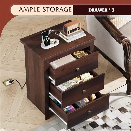 WLIVE Tall Nightstand with Charging Station, Wood Night Stand with 3 Drawers Storage, Bedside Table End Side Tables with 2 USB Ports and Outlets for Bedroom, Closet, Espresso - Image 6