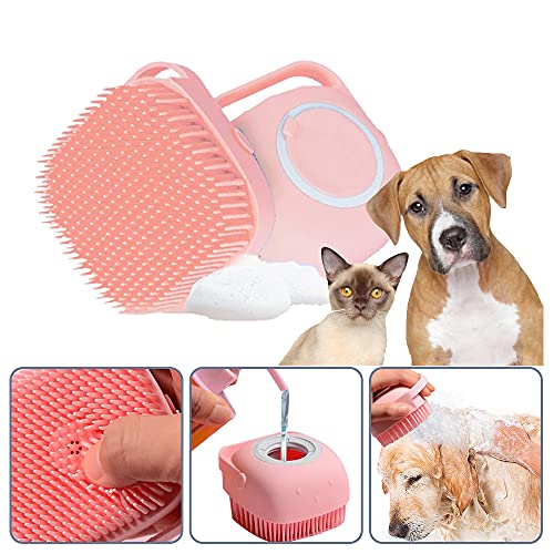 Dog Bath Brush,2in1 Pet Bath Brush and Shampoo Dispenser, Soft Silicone Brush with Bristles for Dogs and Cats | Blue or Pink (Pink) (Pink)