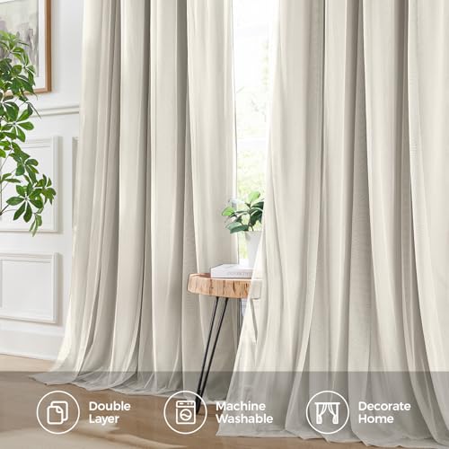 Image of 100% Blackout Curtains for Bedroom, Double Layer Beige Curtains, Black Out Curtain 90 inch Long with Sheer Overlay for Living Room, Room Darkening Window Drapes with Grommet, 52 inch W x 90 inch L