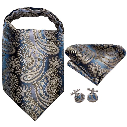 Image of Hi-Tie Silk Ascot for Men Self Tie Men's Cravat and Flower Lapel Pin Handkerchief Cufflinks Set for Wedding Party