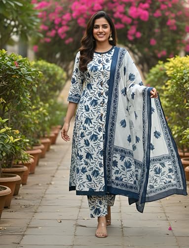 Image of Yash Gallery Women's Indigo Floral Print Plus Size 3-Piece Kurta Set with Pant & Dupatta | Calf-Length Kurta, Round Neck with V-Slit & Contrast Border | Daily /Office Ethnic Wear