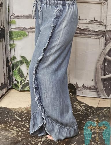Zontroldy Women's Drawstring Elastic High Waisted Baggy Wide Leg Ruffle Hem Flared Denim Pants Boho Trousers4