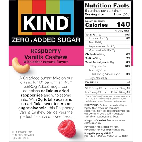 KIND ZEROg Added Sugar Bars, Raspberry Vanilla Cashew, Gluten Free, 30ct - image 2