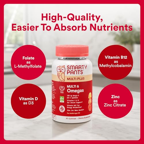 SmartyPants Plus Multi & Omegas Men and Women's Multivitamin Gummies with Omega 3 DHA/EPA, Vitamin D3, C, B12, B6, A, K, Zinc, Biotin, Clean Label, Three Fruit Flavors, 90 Count (30 Day Supply) - image 6
