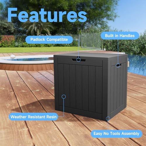 Image of 35 Gallon Outdoor Deck Box,Storage Lockable Waterproof Patio Furniture,Garden Tools,Cushions,Pool Accessories Outside Storage Resin Box(Black)