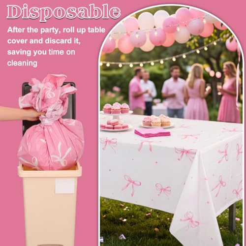 Image of 3 Pack Coquette Pink Bow Plastic Tablecloth, Pink and White Tablecloth