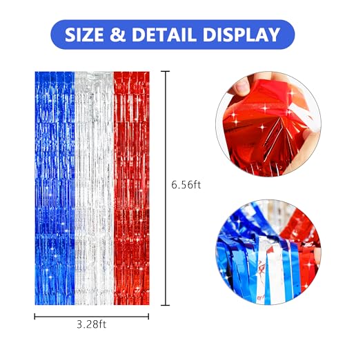 Image of TONIFUL Red White and Blue Tinsel Foil Fringe Curtains,4th of July Decorations Independence Day Photo Booth Backdrop,Metallic Door Streamers for Patriotic Party Memorial Day Labor Day Supplies