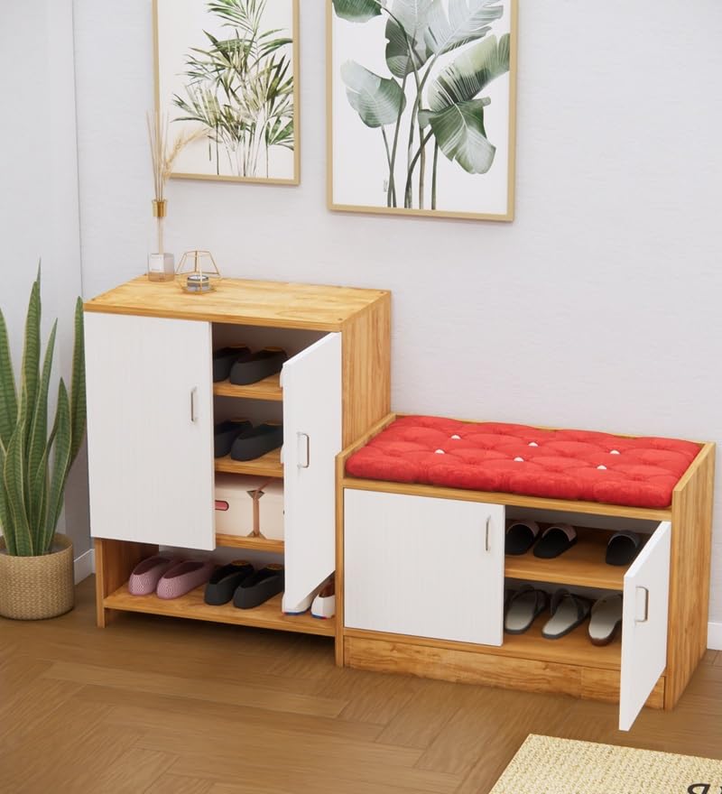 Image of SPECIALITY PANELS Shoe Rack with Cushioned Seating Bench | 2 Door Shoe Cabinet with Storage | Shoe Organizer for Entryway Home Living Room | Combo Set of 2 | DIY Assembly | Oak and White