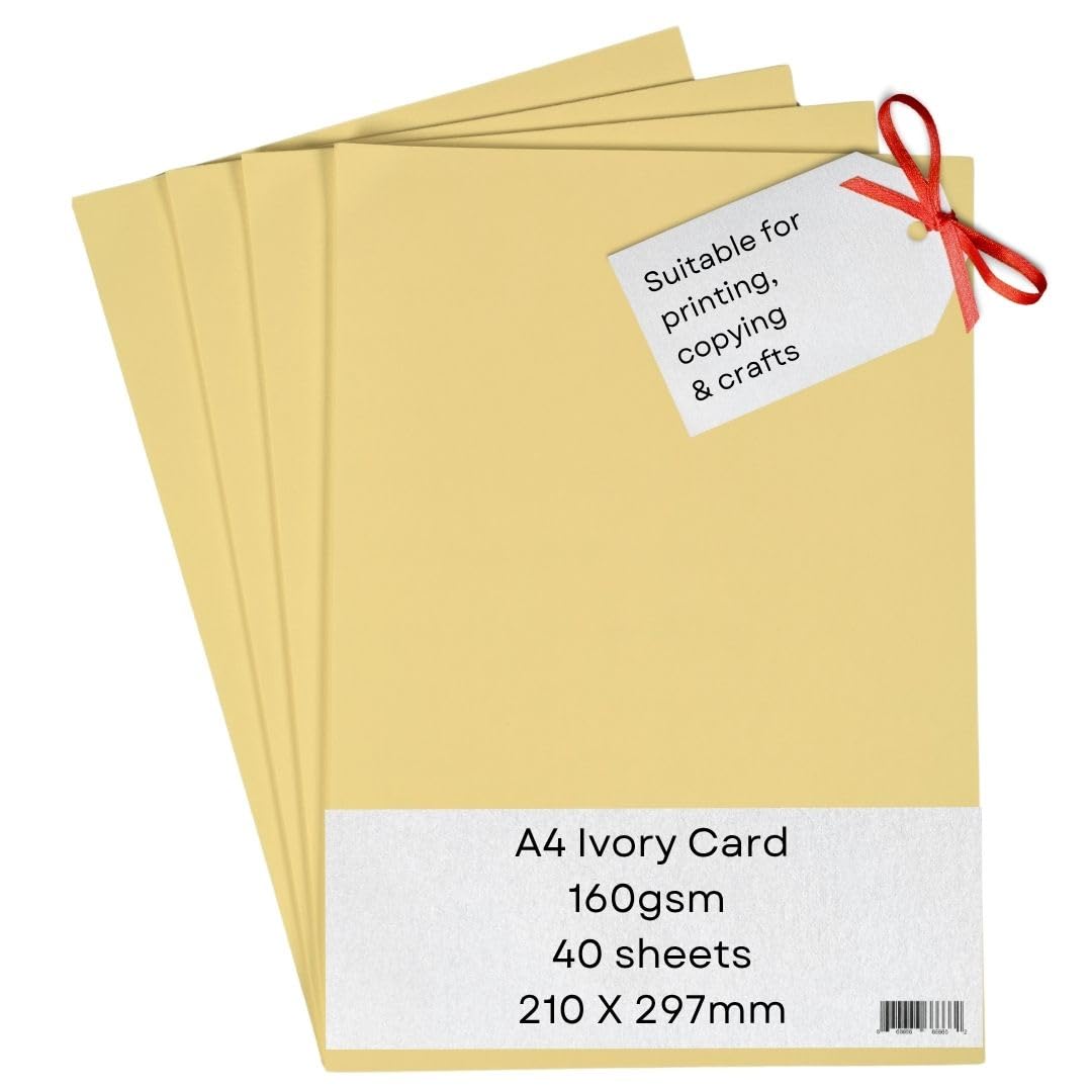 A4 Ivory Card Paper Printer - 160gsm 40 Sheets - Coloured - Suitable for Craft, Printing, Copying, Photocopiers