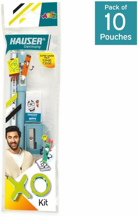 Hauser Germany XO Mini Stationery Kit | All-in-One Stationery Solution for School, Office & College | Includes Pen, Pencil, Eraser & Sharpener | Ideal for Return Gifting | Pack of 10 - Color May Vary