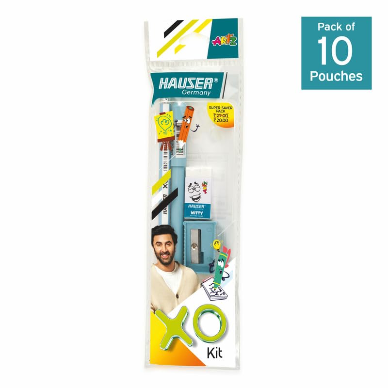 Image of Hauser Germany XO Mini Stationery Kit | All-in-One Stationery Solution for School, Office & College | Includes Pen, Pencil, Eraser & Sharpener | Ideal for Return Gifting | Pack of 10 - Color May Vary
