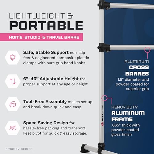 VITA Barre Portable Freestanding Double Ballet Barre, Prodigy, 4 Ft Bars, Satin Silver | Adjustable Height, USA Made, Home or Gym Exercise Equipment for Kids & Adults | Dance, Fitness, Pilates
