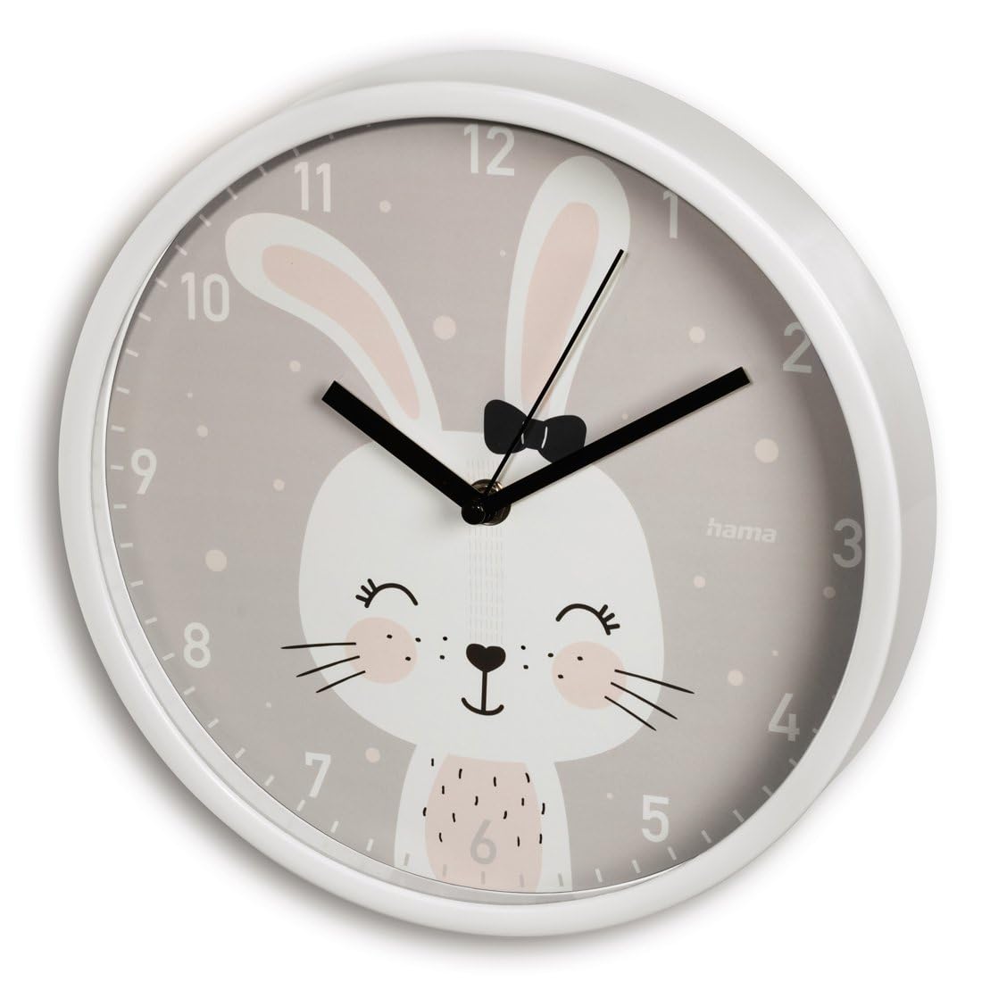 Hama zegar ścienny Lovely Bunny 25 cm (dla dzieci, szary zając, analogowy, kwarcowy cichy mechanizm, cyfry arabskie, szary, bateria w zestawie 1x AA)