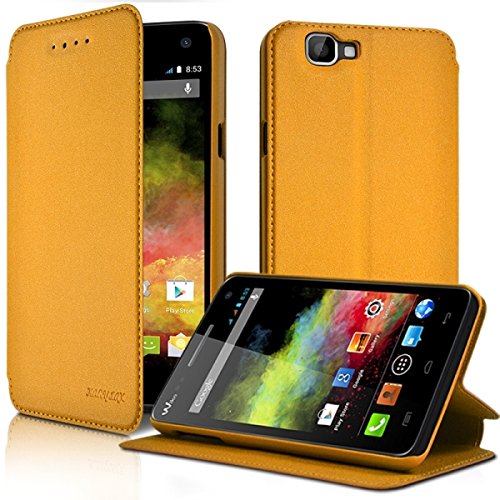 KARYLAX Seluxion - Housse Coque Etui à Rabat latéral Fonction Support Couleur Jaune pour Wiko Rainbow 4G + Film de Protection