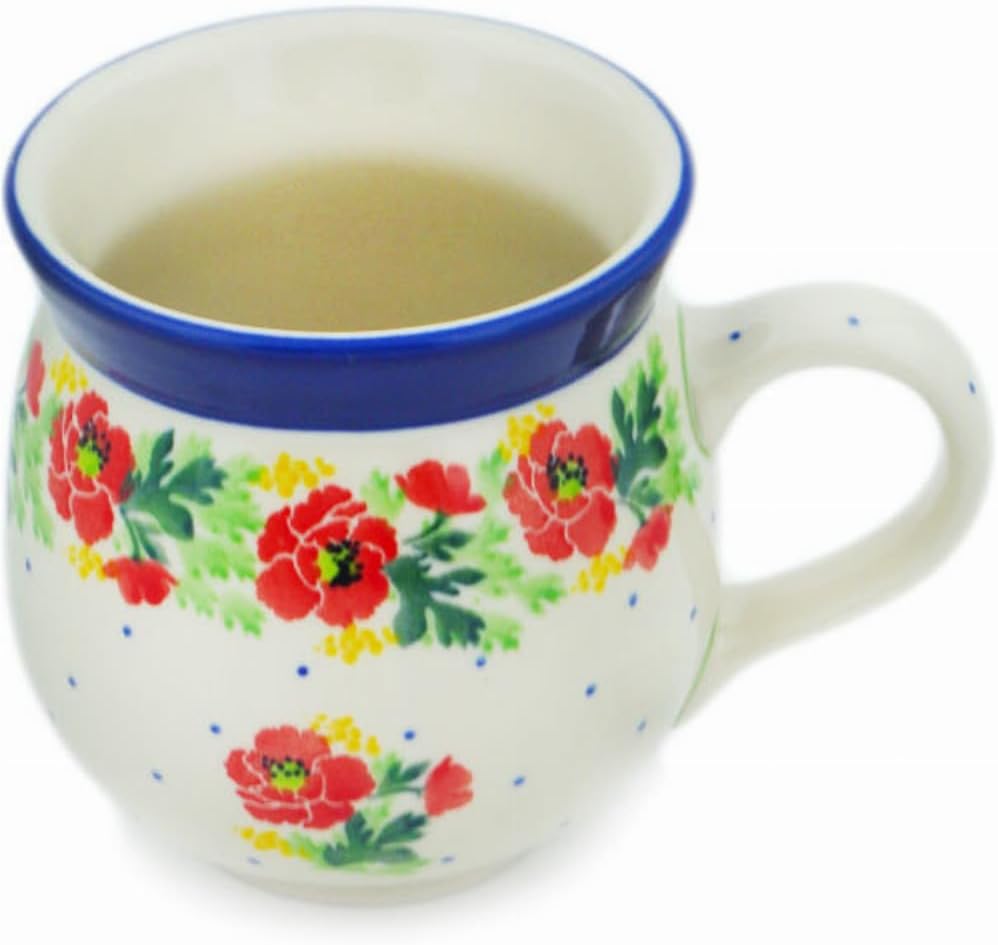 Polmedia Polish Pottery Bubble Mug 12 oz - Red Poppy Chain Pattern Handmade in Boleslawiec Poland by Ceramika Artystyczna + Certificate of Authenticity