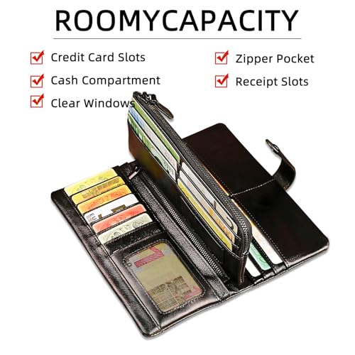 Image of Genuine Crazy Horse Leather Travel Gift Coin Pocket Card Case Long Organizer Chain Rfid Wallet Purse With Snap For Men Male 1803 1815 (1803 Brown 26a)